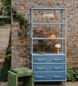 Worlds Away Three Drawer Etagere With Bamboo Detail In Blue Dyed Grasscloth And Light Blue Matte Lacquer