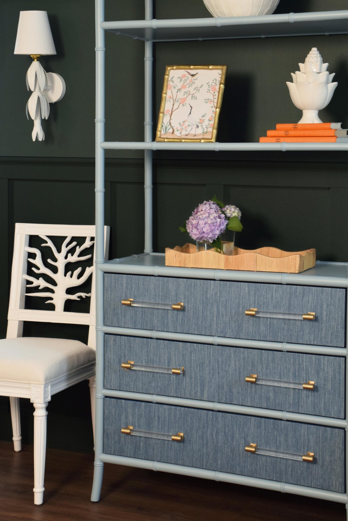 Worlds Away Three Drawer Etagere With Bamboo Detail In Blue Dyed Grasscloth And Light Blue Matte Lacquer