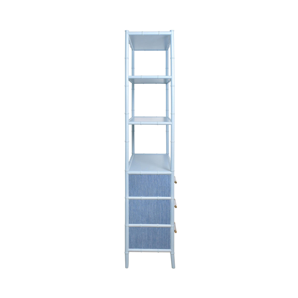Worlds Away Three Drawer Etagere With Bamboo Detail In Blue Dyed Grasscloth And Light Blue Matte Lacquer