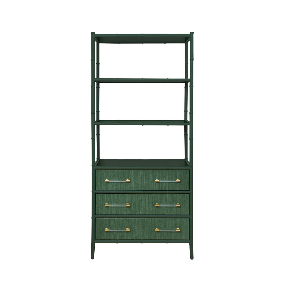 Worlds Away Three Drawer Etagere With Bamboo Detail In Green Dyed Grasscloth And Dark Green Matte Lacquer