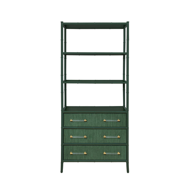 Worlds Away Three Drawer Etagere With Bamboo Detail In Green Dyed Grasscloth And Dark Green Matte Lacquer