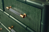 Worlds Away Three Drawer Etagere With Bamboo Detail In Green Dyed Grasscloth And Dark Green Matte Lacquer