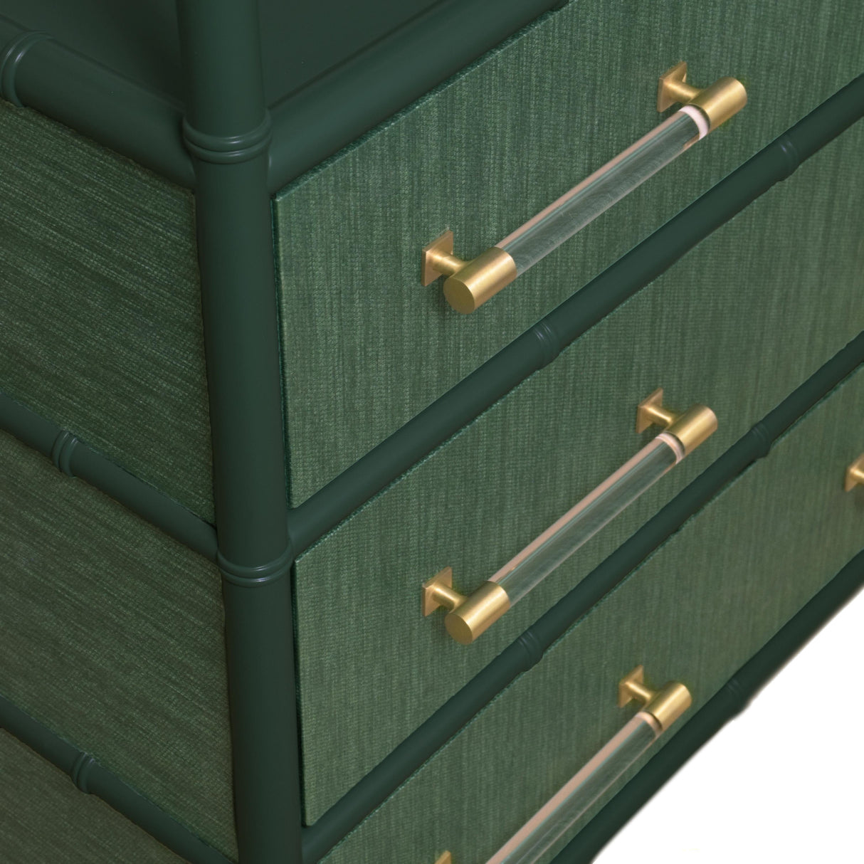 Worlds Away Three Drawer Etagere With Bamboo Detail In Green Dyed Grasscloth And Dark Green Matte Lacquer