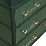 Worlds Away Three Drawer Etagere With Bamboo Detail In Green Dyed Grasscloth And Dark Green Matte Lacquer