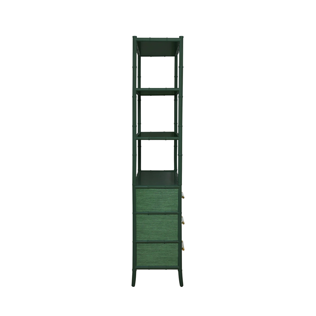 Worlds Away Three Drawer Etagere With Bamboo Detail In Green Dyed Grasscloth And Dark Green Matte Lacquer