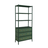 Worlds Away Three Drawer Etagere With Bamboo Detail In Green Dyed Grasscloth And Dark Green Matte Lacquer