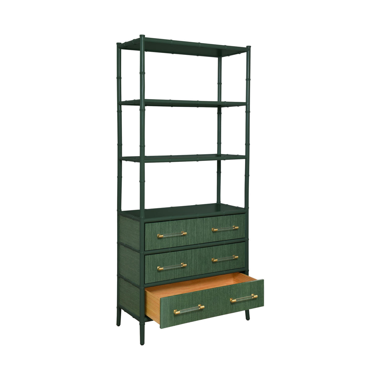 Worlds Away Three Drawer Etagere With Bamboo Detail In Green Dyed Grasscloth And Dark Green Matte Lacquer