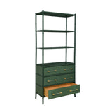 Worlds Away Three Drawer Etagere With Bamboo Detail In Green Dyed Grasscloth And Dark Green Matte Lacquer