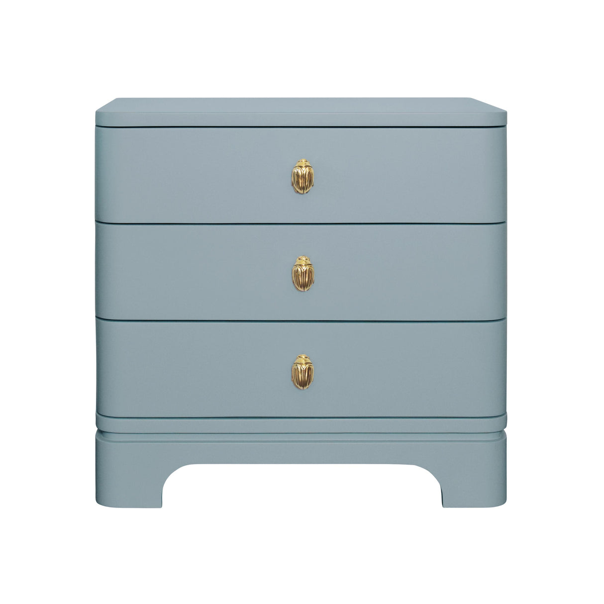 Worlds Away Three Drawer Rounded Edge Side Table With Brass Beetle Knob In Light Blue Matte Lacquer