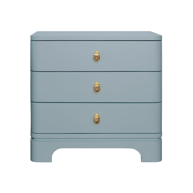 Worlds Away Three Drawer Rounded Edge Side Table With Brass Beetle Knob In Light Blue Matte Lacquer
