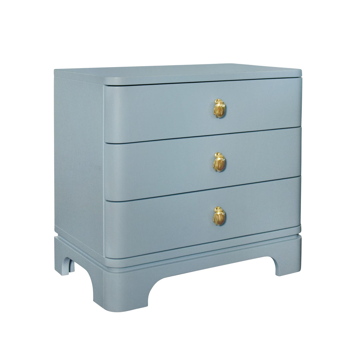Worlds Away Three Drawer Rounded Edge Side Table With Brass Beetle Knob In Light Blue Matte Lacquer