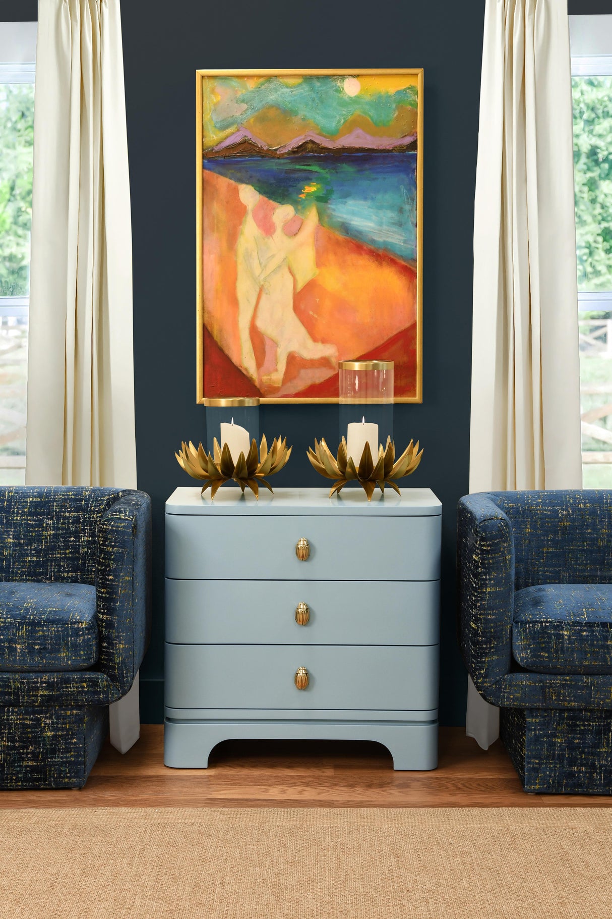 Worlds Away Three Drawer Rounded Edge Side Table With Brass Beetle Knob In Light Blue Matte Lacquer