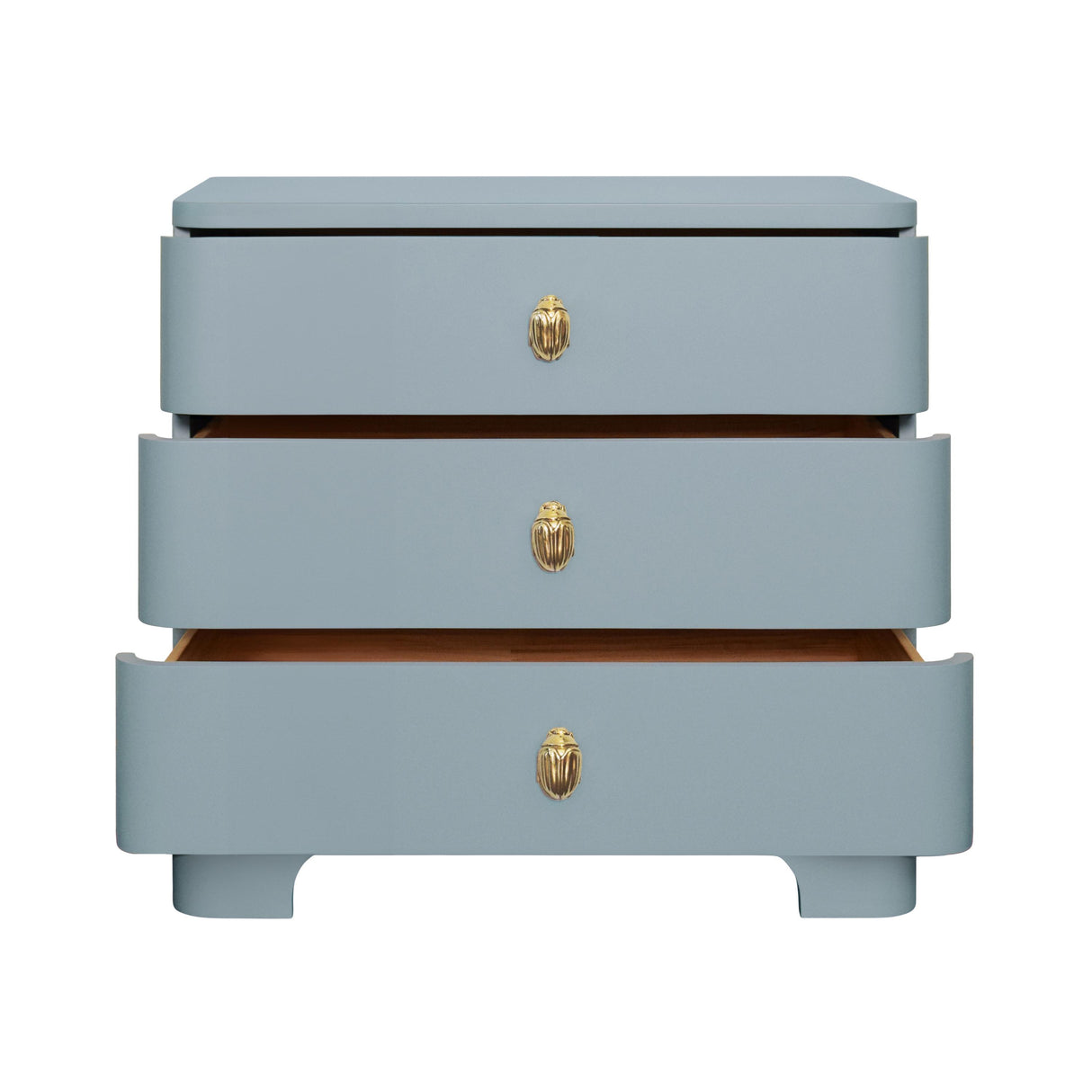 Worlds Away Three Drawer Rounded Edge Side Table With Brass Beetle Knob In Light Blue Matte Lacquer