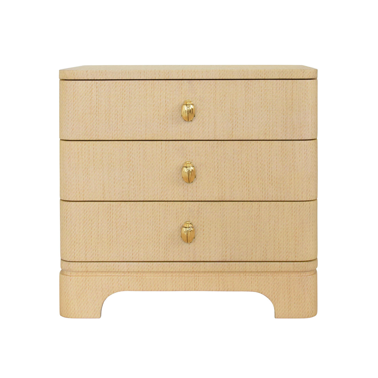 Worlds Away Three Drawer Rounded Edge Side Table With Brass Beetle Knob In Natural Grasscloth