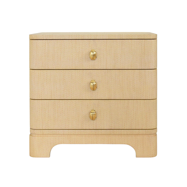 Worlds Away Three Drawer Rounded Edge Side Table With Brass Beetle Knob In Natural Grasscloth