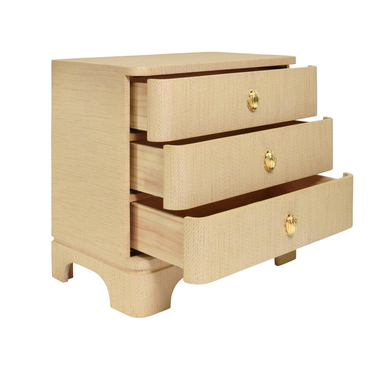 Worlds Away Three Drawer Rounded Edge Side Table With Brass Beetle Knob In Natural Grasscloth