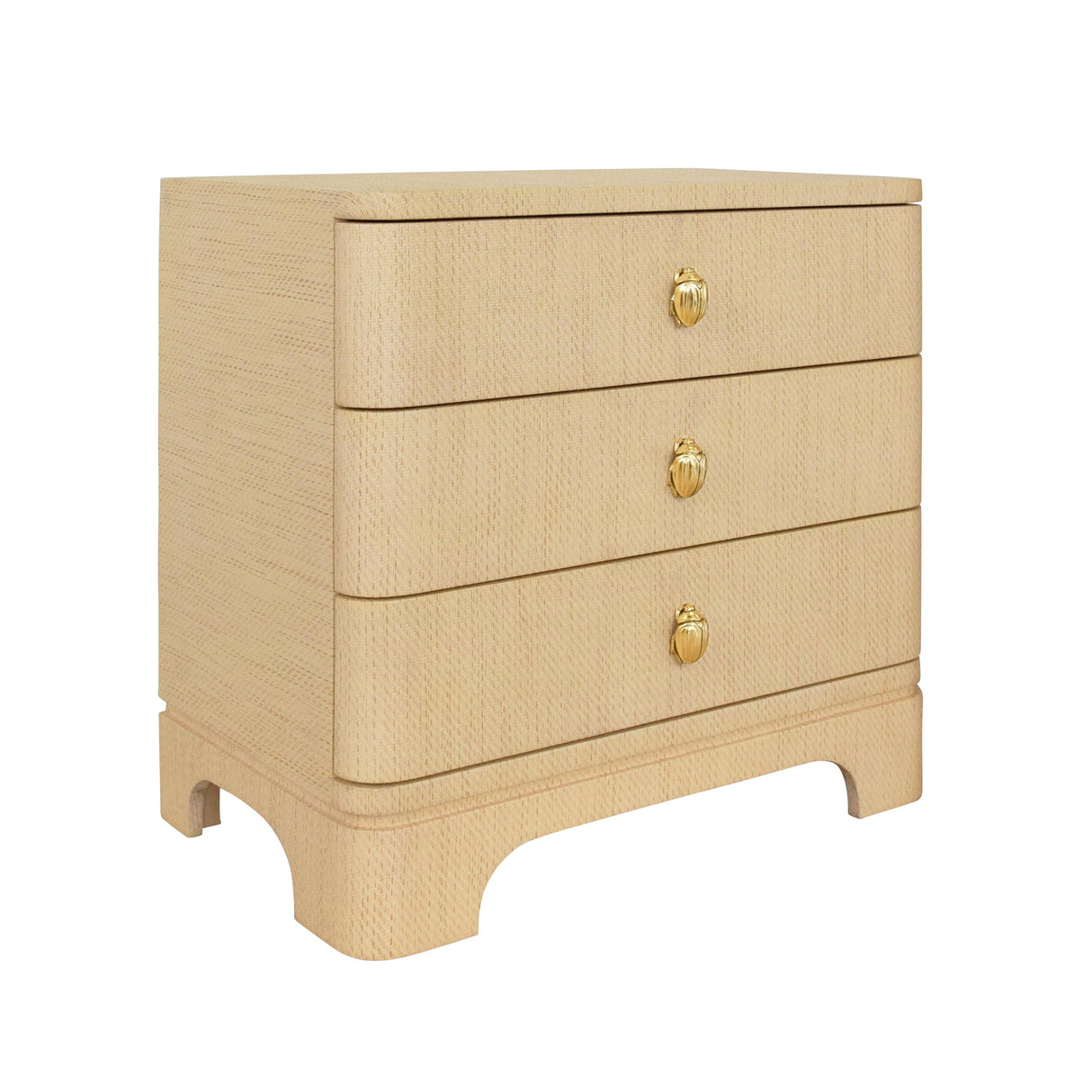 Worlds Away Three Drawer Rounded Edge Side Table With Brass Beetle Knob In Natural Grasscloth