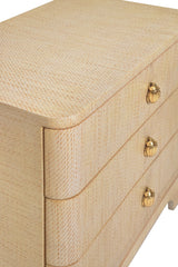 Worlds Away Three Drawer Rounded Edge Side Table With Brass Beetle Knob In Natural Grasscloth