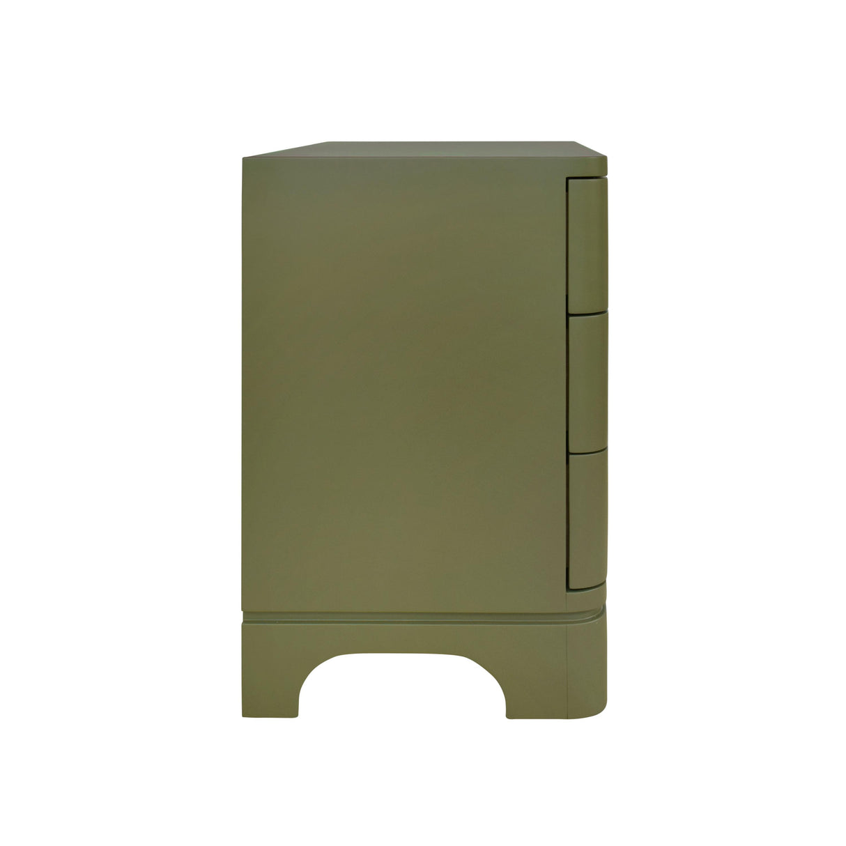 Worlds Away Three Drawer Rounded Edge Side Table With Brass Beetle Knob In Olive Green Matte Lacquer