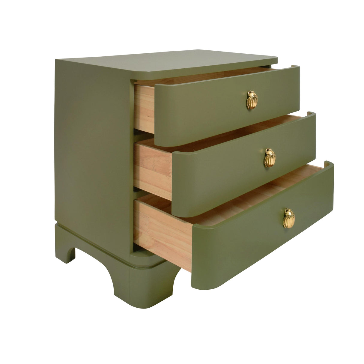 Worlds Away Three Drawer Rounded Edge Side Table With Brass Beetle Knob In Olive Green Matte Lacquer