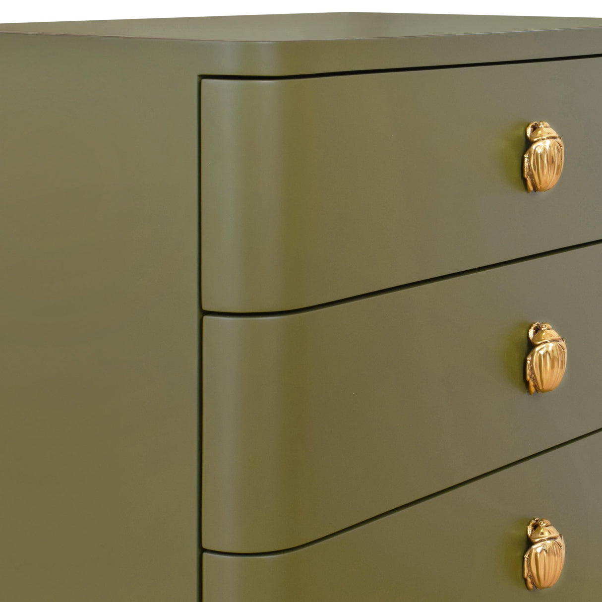 Worlds Away Three Drawer Rounded Edge Side Table With Brass Beetle Knob In Olive Green Matte Lacquer