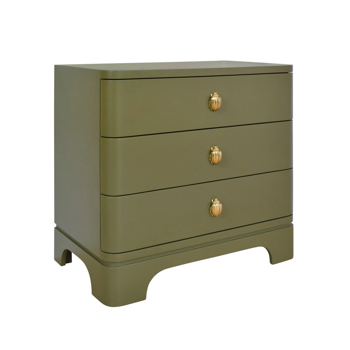 Worlds Away Three Drawer Rounded Edge Side Table With Brass Beetle Knob In Olive Green Matte Lacquer