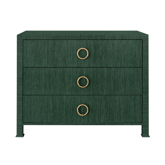 Worlds Away Three Drawer Chest With Antique Brass Circle Hardware In Dyed Green Grasscloth