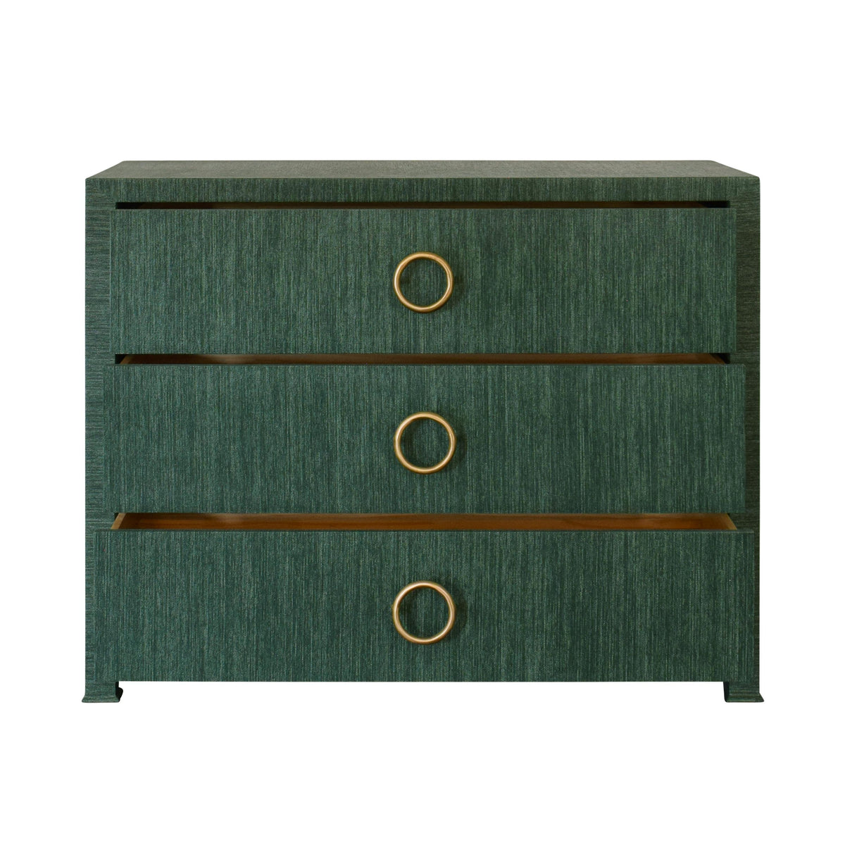Worlds Away Three Drawer Chest With Antique Brass Circle Hardware In Dyed Green Grasscloth