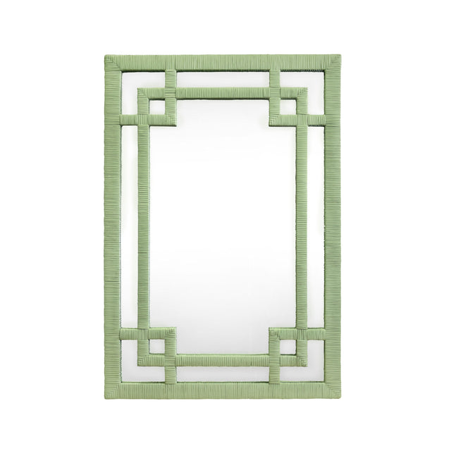Worlds Away Greek Key Design Mirror In Wrapped Rattan In Sage Green