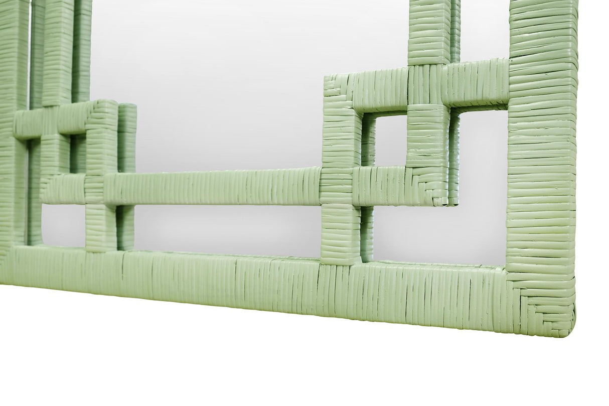 Worlds Away Greek Key Design Mirror In Wrapped Rattan In Sage Green