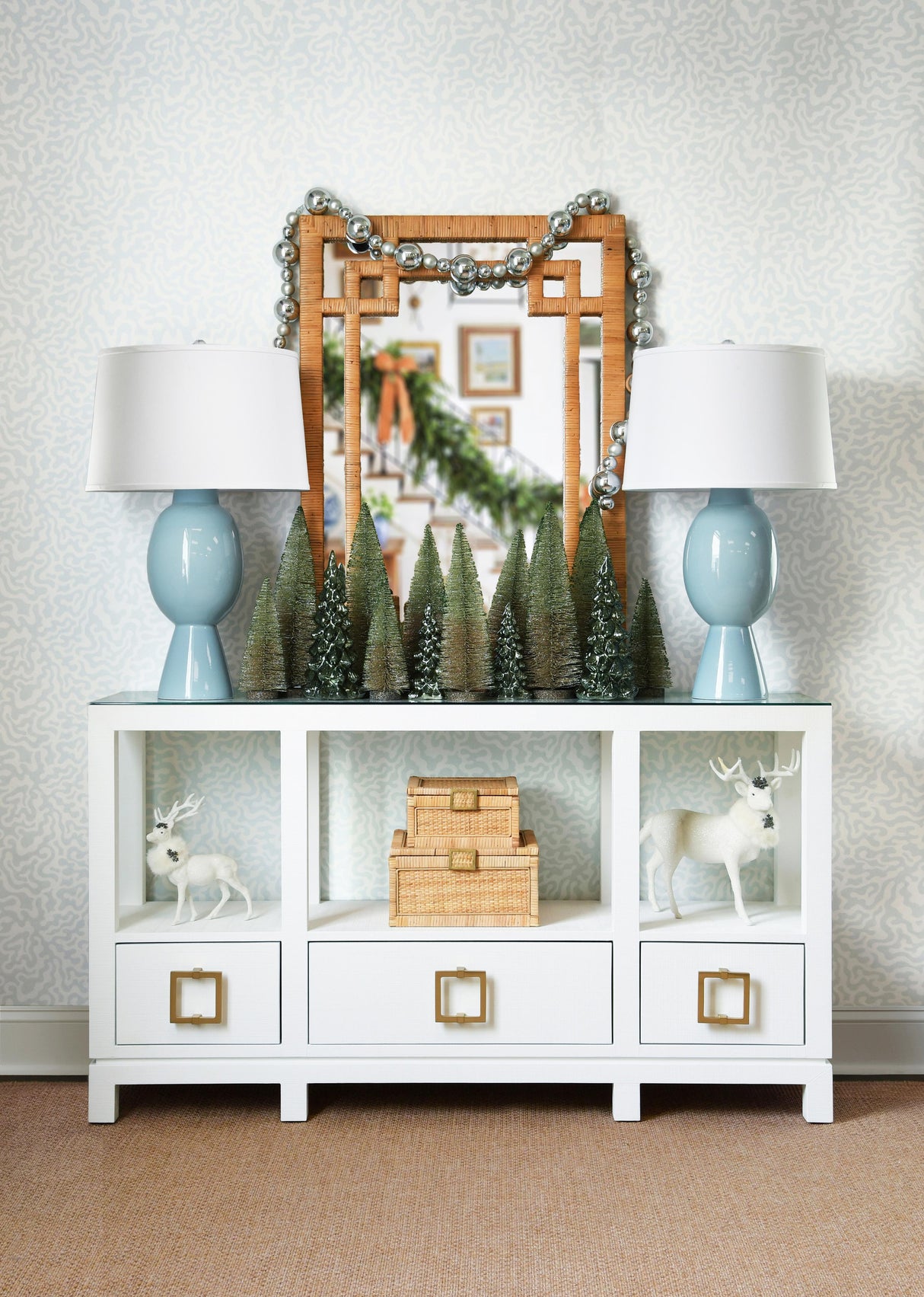 Worlds Away Greek Key Design Mirror In Wrapped Natural Rattan