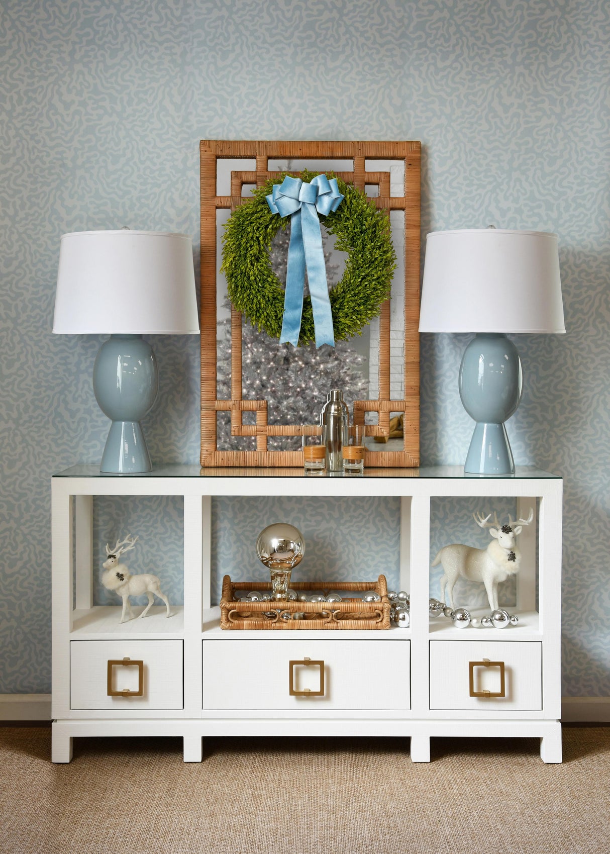 Worlds Away Greek Key Design Mirror In Wrapped Natural Rattan