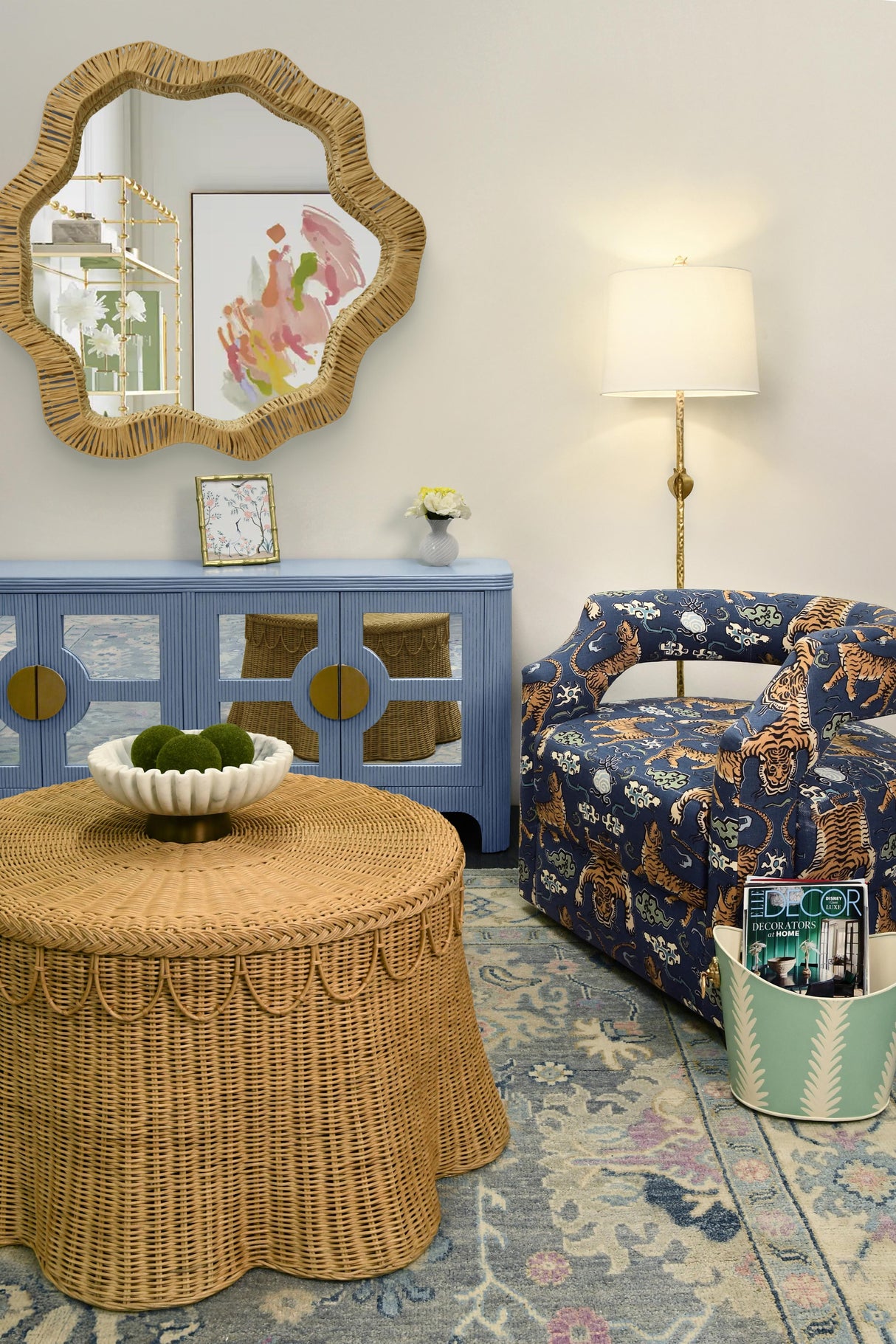 Worlds Away Round Coffee Table With Scalloped Detail In Natural Woven Rattan