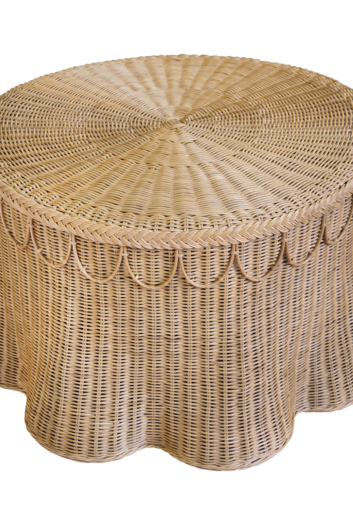 Worlds Away Round Coffee Table With Scalloped Detail In Natural Woven Rattan