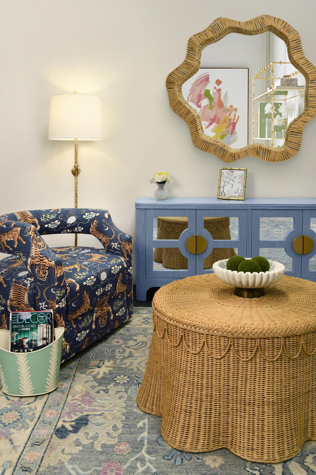 Worlds Away Round Coffee Table With Scalloped Detail In Natural Woven Rattan