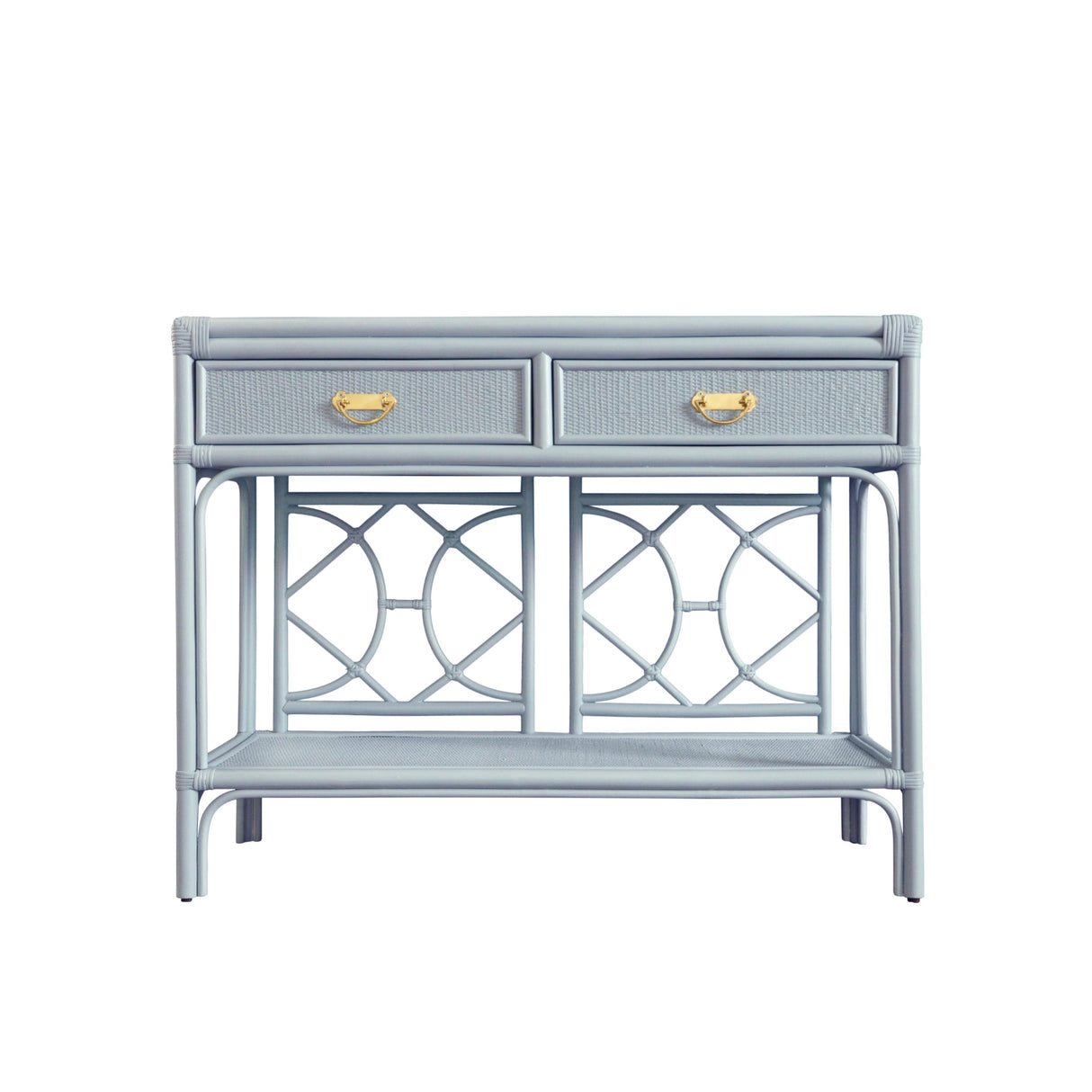 Worlds Away Two Drawer Console With Decorative Back In Rattan Painted Light Blue