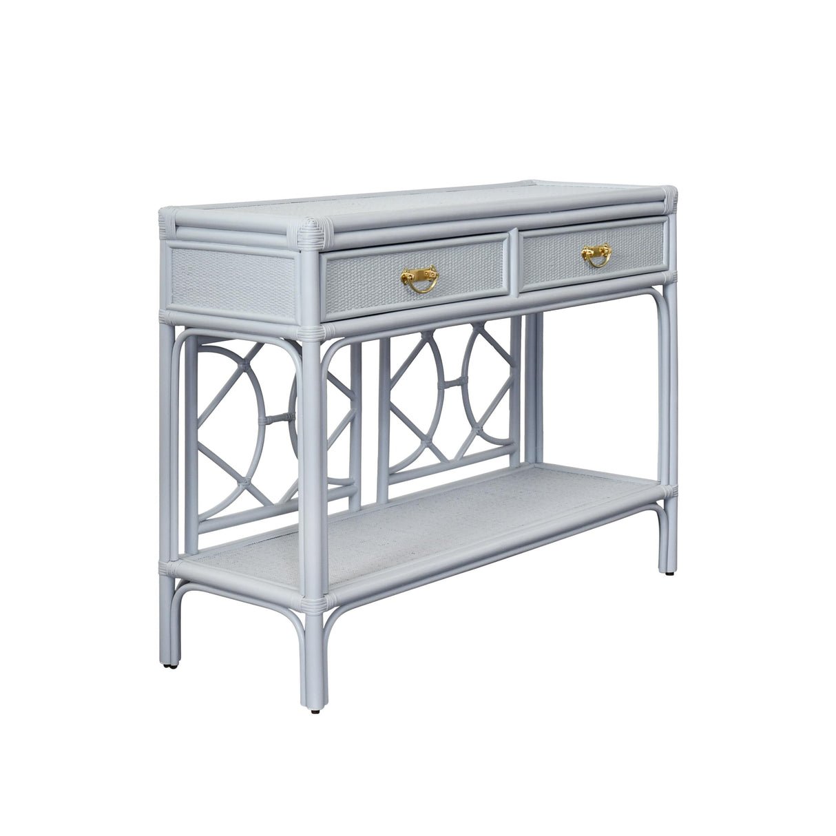 Worlds Away Two Drawer Console With Decorative Back In Rattan Painted Light Blue