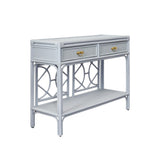 Worlds Away Two Drawer Console With Decorative Back In Rattan Painted Light Blue