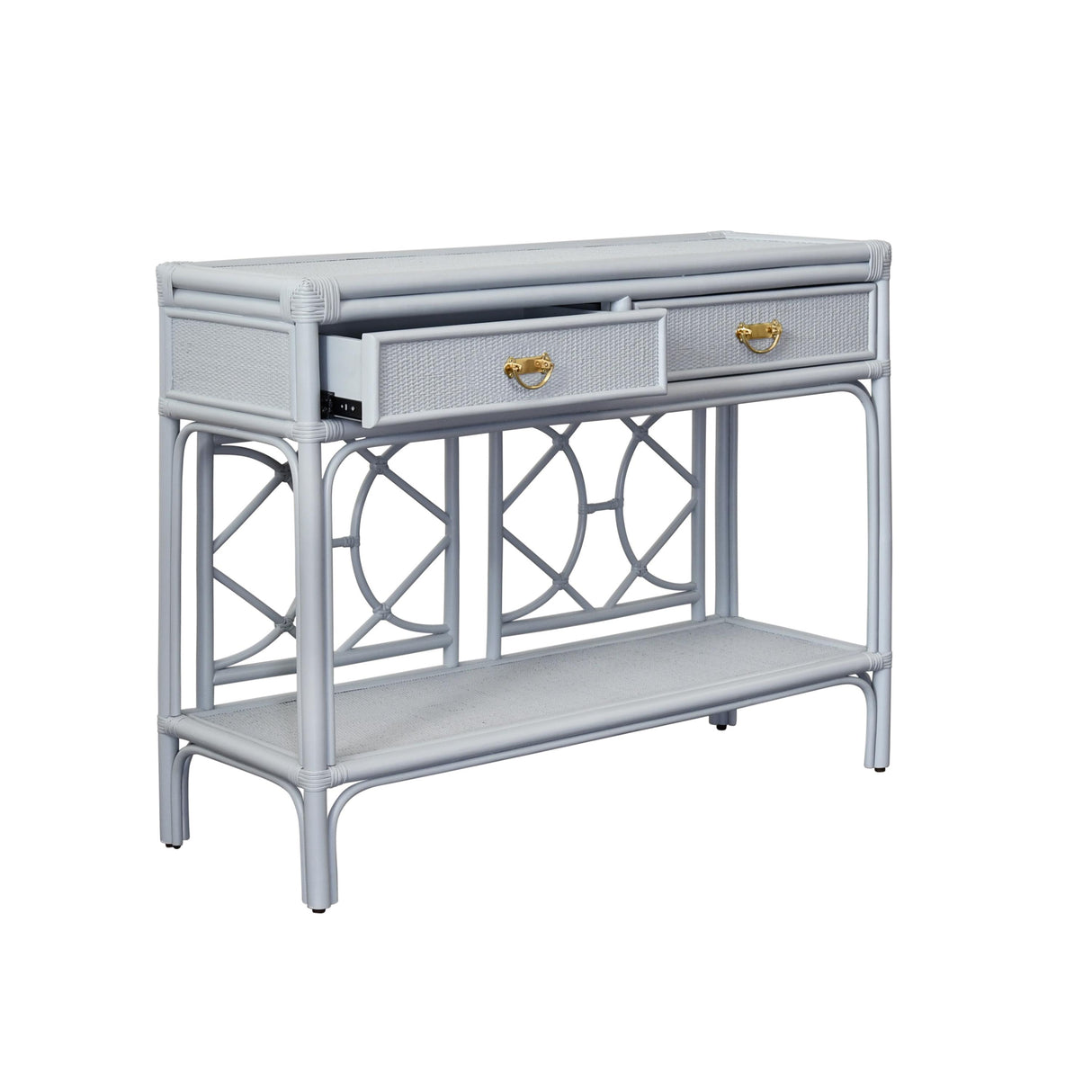 Worlds Away Two Drawer Console With Decorative Back In Rattan Painted Light Blue