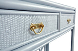 Worlds Away Two Drawer Console With Decorative Back In Rattan Painted Light Blue