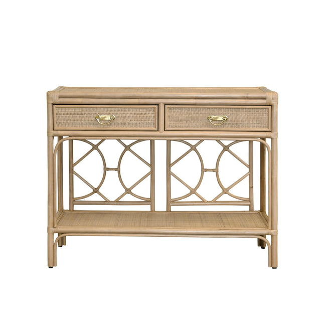 Worlds Away Two Drawer Console With Decorative Back In Natural Rattan
