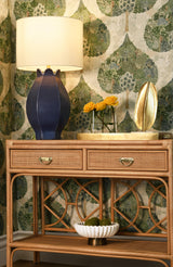 Worlds Away Two Drawer Console With Decorative Back In Natural Rattan