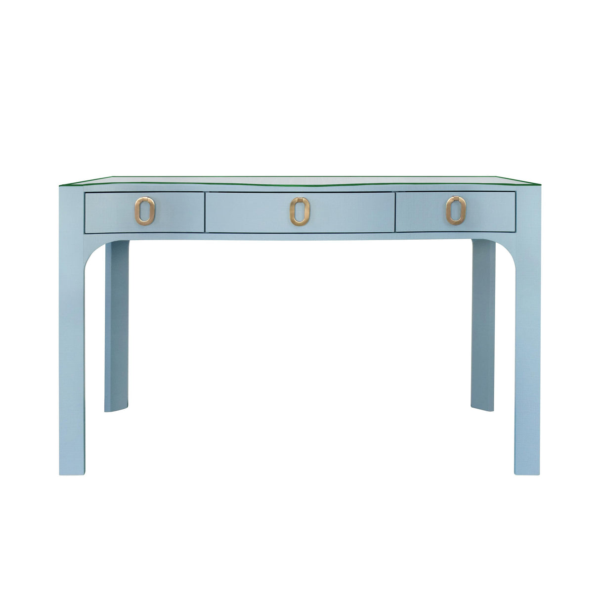 Worlds Away Curved Front Desk With Three Drawers In Light Blue Textured Linen With Satin Brass Ring Hardware And Glass Top