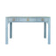 Worlds Away Curved Front Desk With Three Drawers In Light Blue Textured Linen With Satin Brass Ring Hardware And Glass Top
