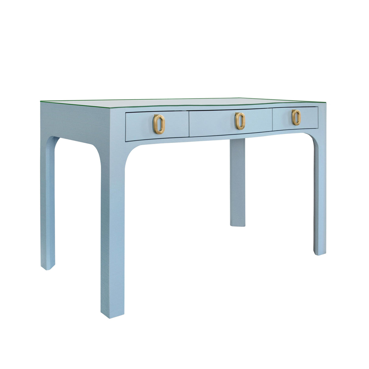 Worlds Away Curved Front Desk With Three Drawers In Light Blue Textured Linen With Satin Brass Ring Hardware And Glass Top