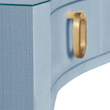 Worlds Away Curved Front Desk With Three Drawers In Light Blue Textured Linen With Satin Brass Ring Hardware And Glass Top