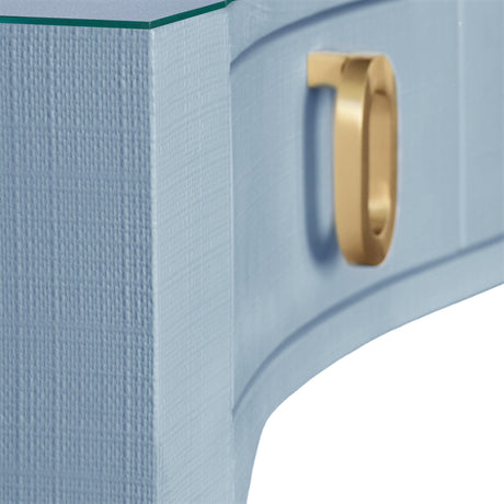 Worlds Away Curved Front Desk With Three Drawers In Light Blue Textured Linen With Satin Brass Ring Hardware And Glass Top