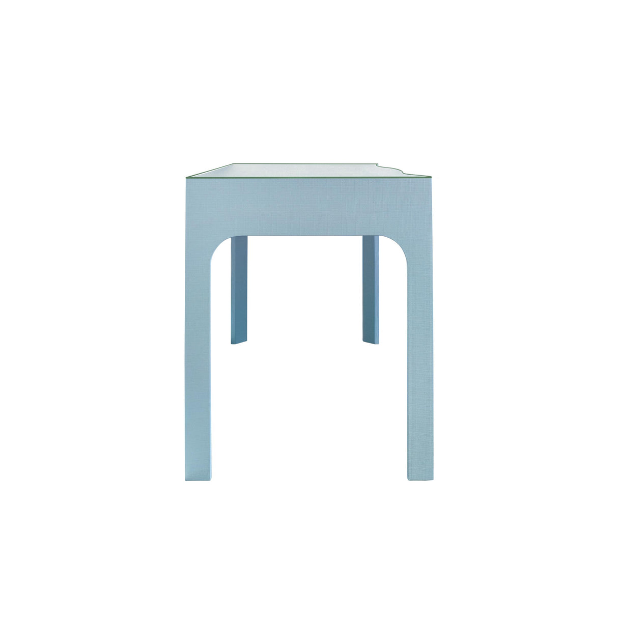 Worlds Away Curved Front Desk With Three Drawers In Light Blue Textured Linen With Satin Brass Ring Hardware And Glass Top