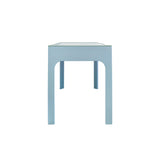 Worlds Away Curved Front Desk With Three Drawers In Light Blue Textured Linen With Satin Brass Ring Hardware And Glass Top