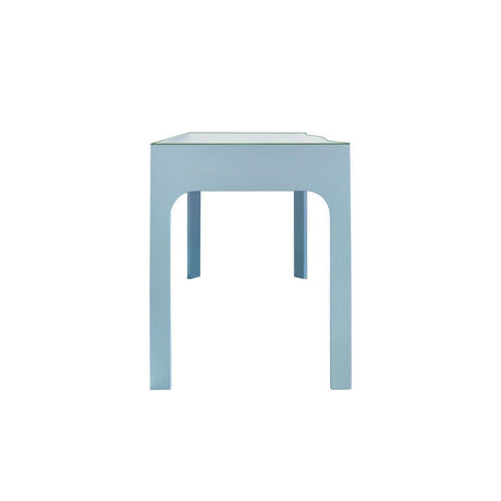 Worlds Away Curved Front Desk With Three Drawers In Light Blue Textured Linen With Satin Brass Ring Hardware And Glass Top